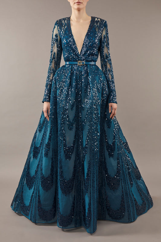 Embroidered V-Neck Tulle Gown