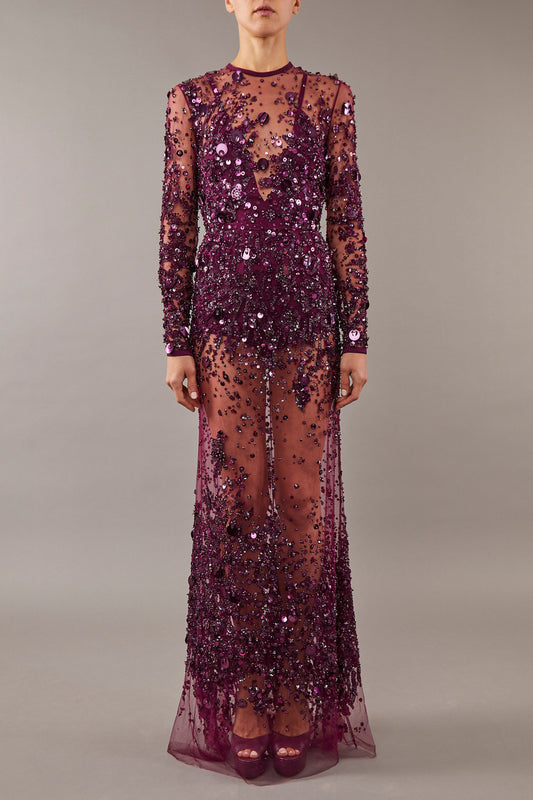Beaded Embellished Long Sleeve Gown