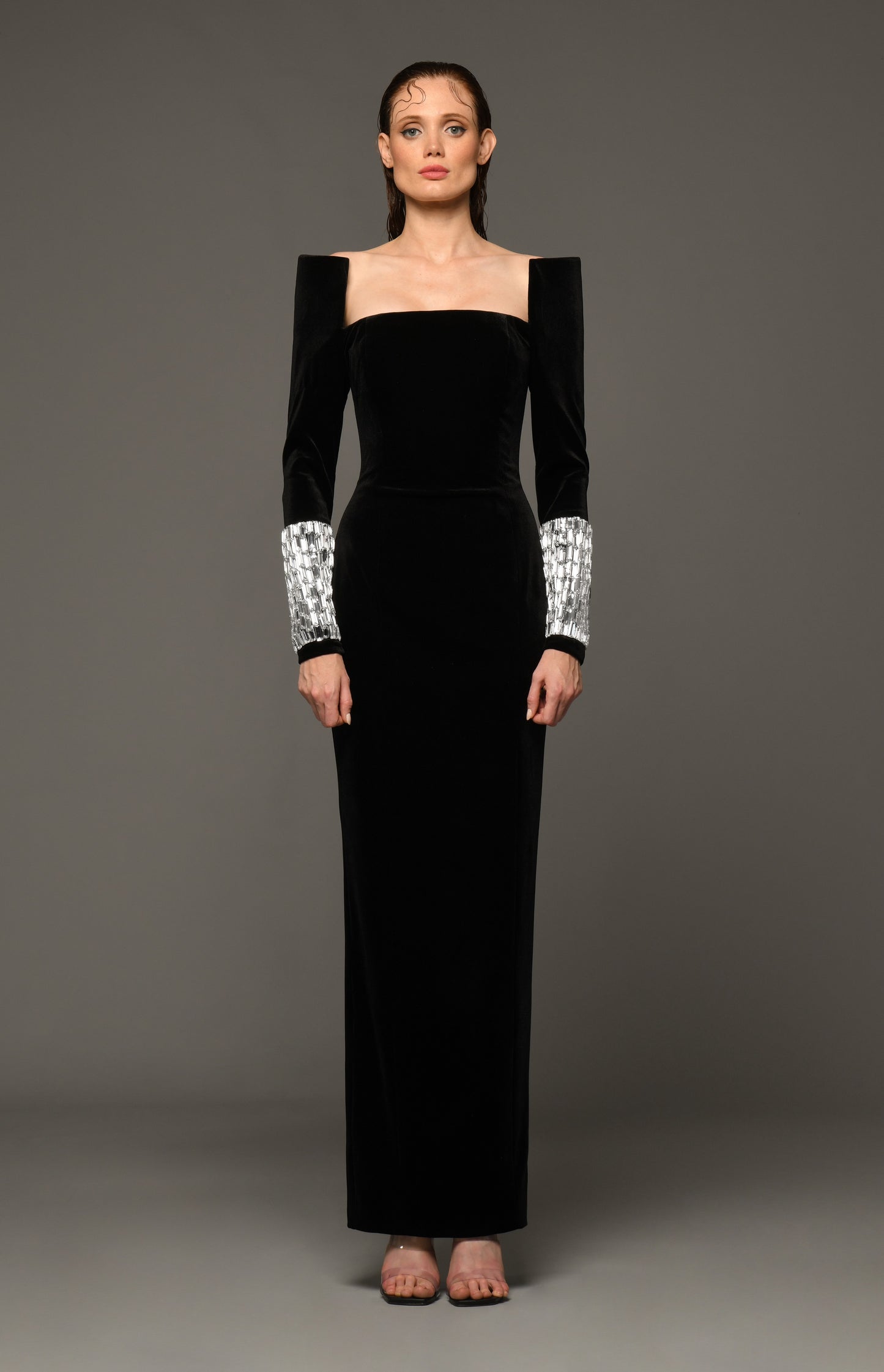 Cr?pe Gown with Crystal Baguettes