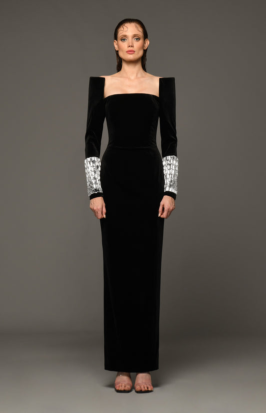 Cr?pe Gown with Crystal Baguettes