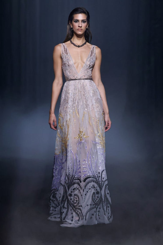 Tulle Beaded Gown with Deep V-Neck