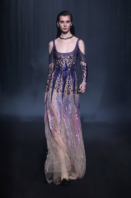 Exposed Shoulder Beaded Tulle Gown