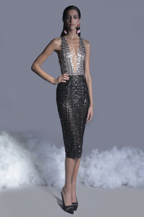 Beaded Tulle Sleeveless Midi Dress