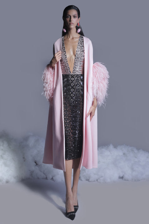 Beaded Tulle Sleeveless Midi Dress with Cape