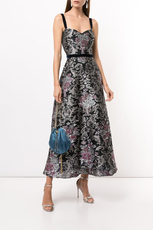 Jeweled Damask Fils Coupé Midi Dress