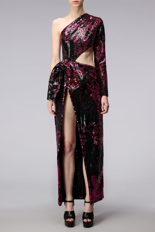 Asymmetric Sequin Tulle Cutout Gown