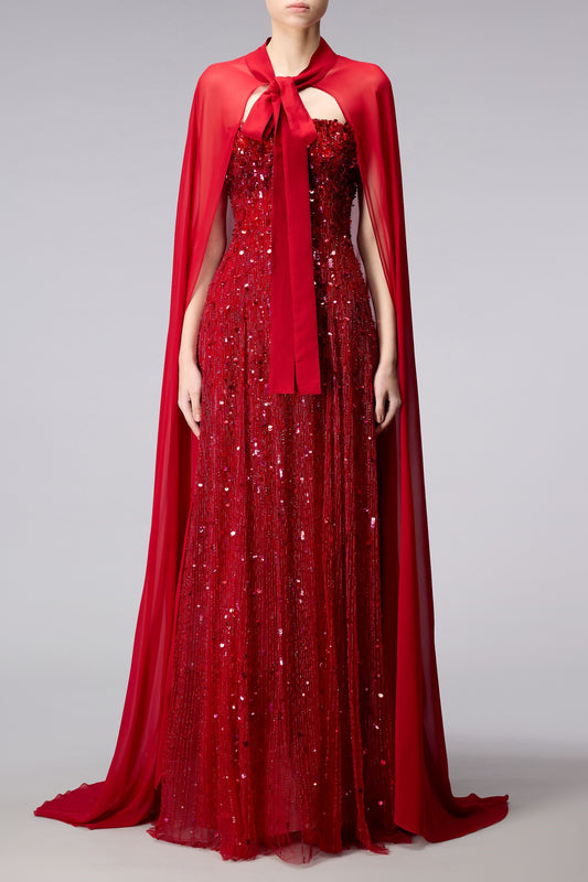 Sequin Tulle Cape Gown
