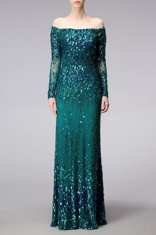Sequin Tulle Off the Shoulder Gown