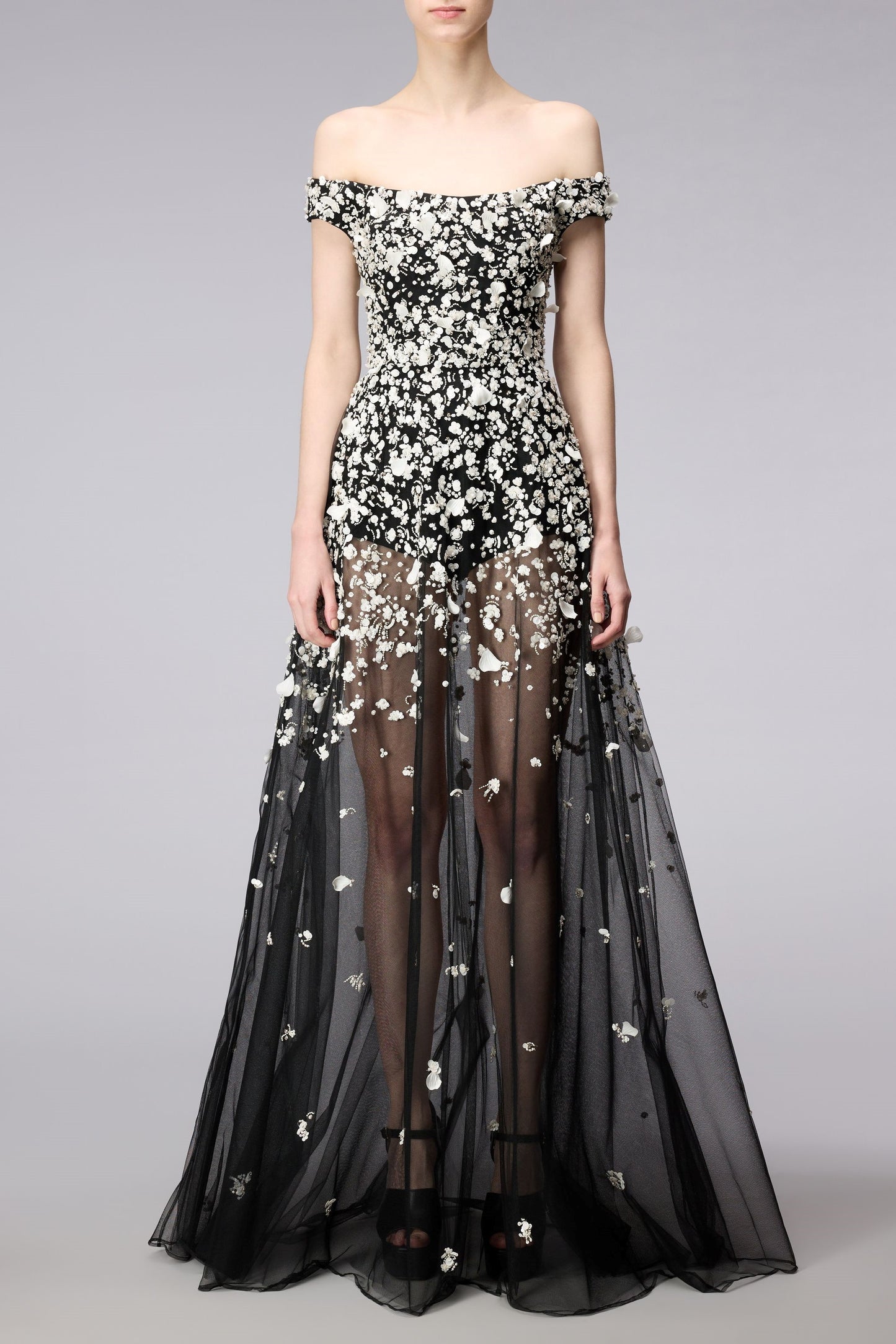 Embellished Off Shoulder Tulle Gown