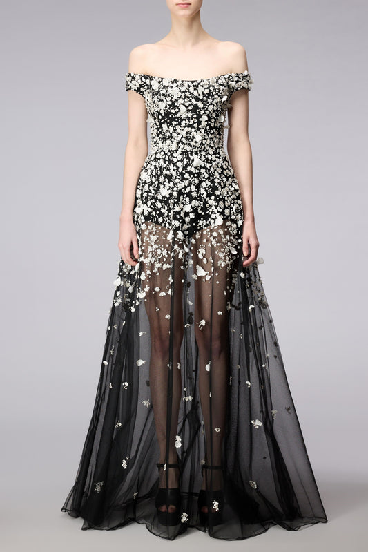 Embellished Off Shoulder Tulle Gown