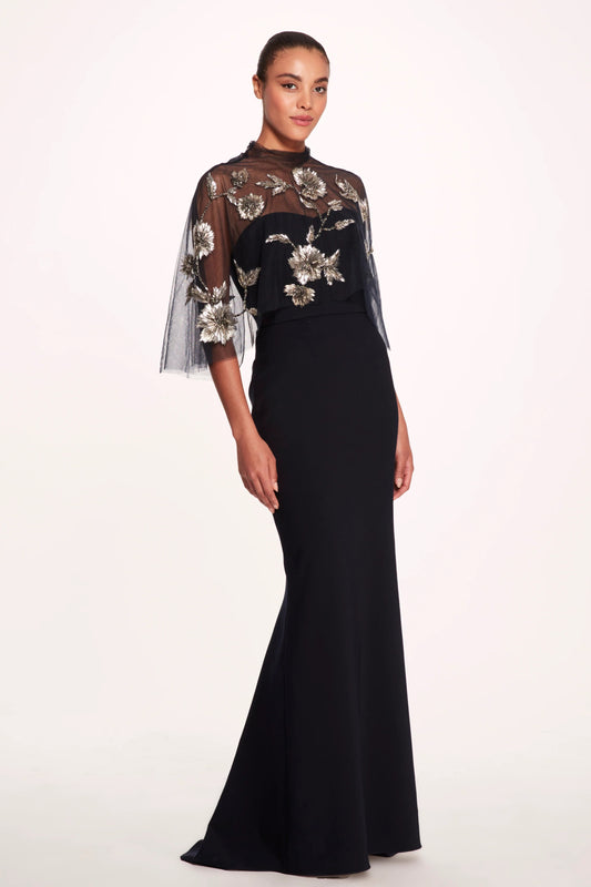 Stretch Crepe Column Gown with Overlay