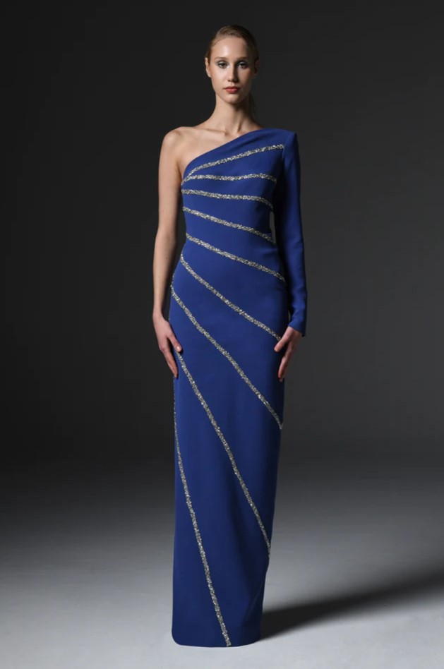 Cr?pe Asymmetric Gown with Crystals