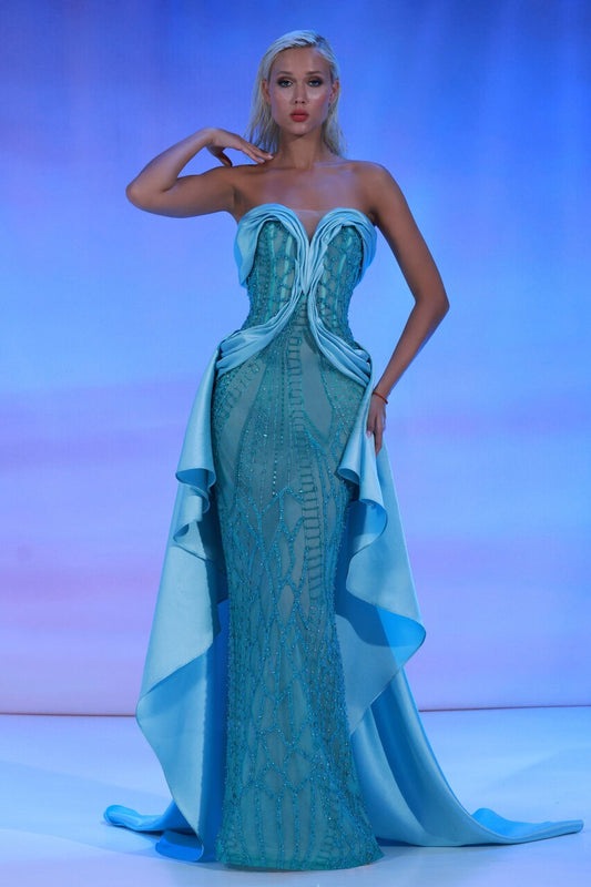 Fully-Beaded Strapless Gown