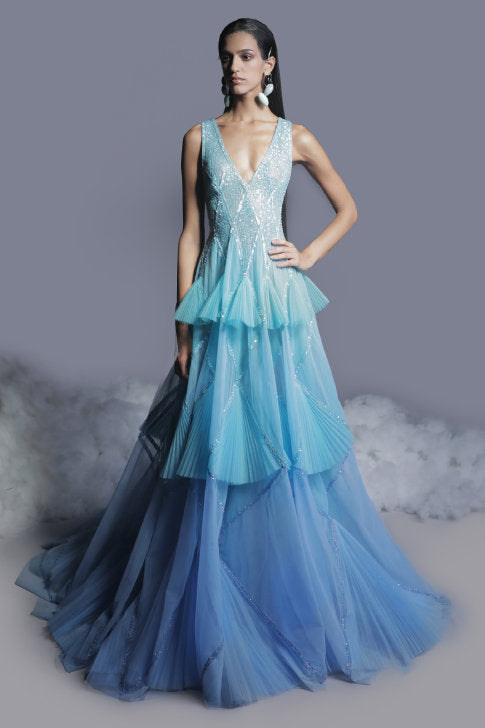 Ruffled Beaded Tulle Gown