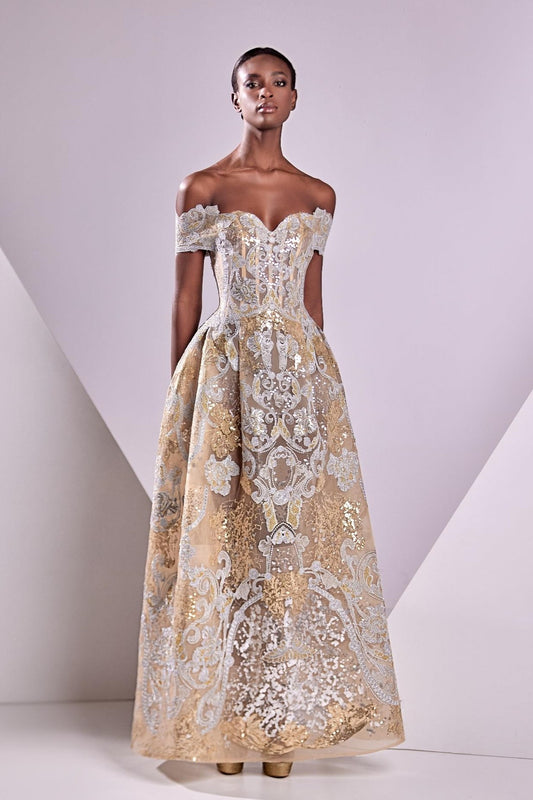 Lace Lamé Off Shoulder Gown