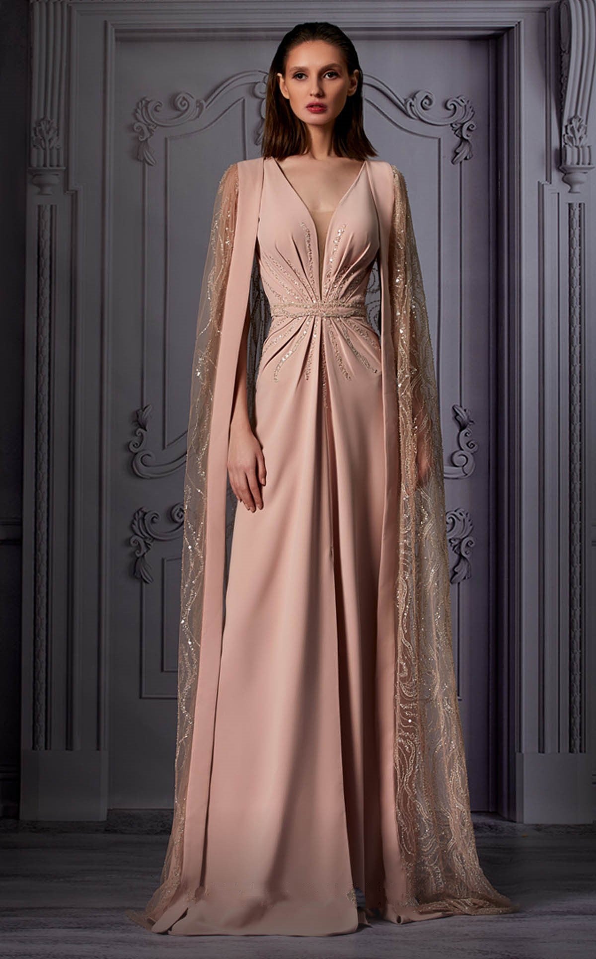 Embellished Cape Sleeve  Gown