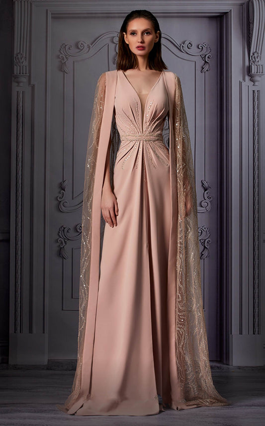 Embellished Cape Sleeve  Gown