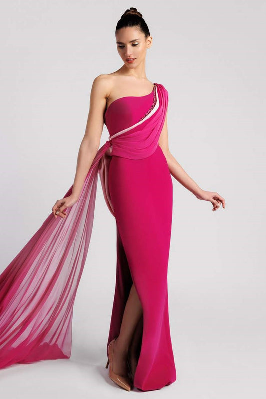One Shoulder Crepe Fitted Slit Gown