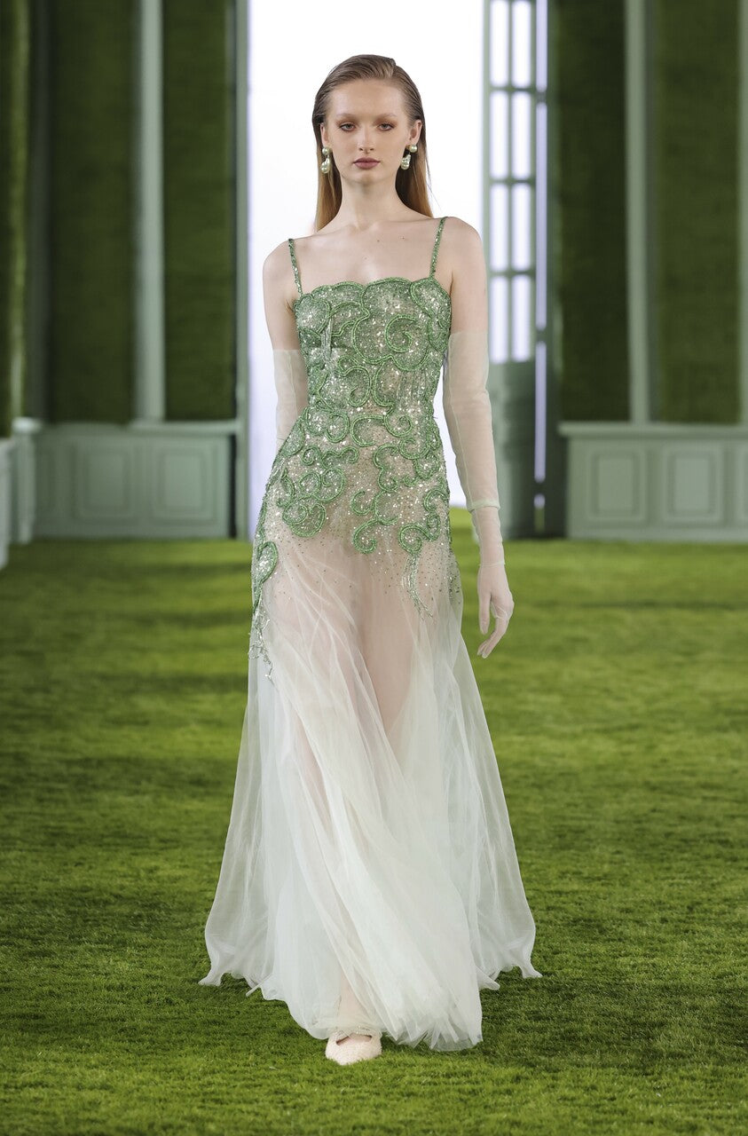 Beaded Tulle Gown with Shoulder Straps