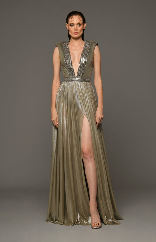 Draped Foiled Tulle Gown