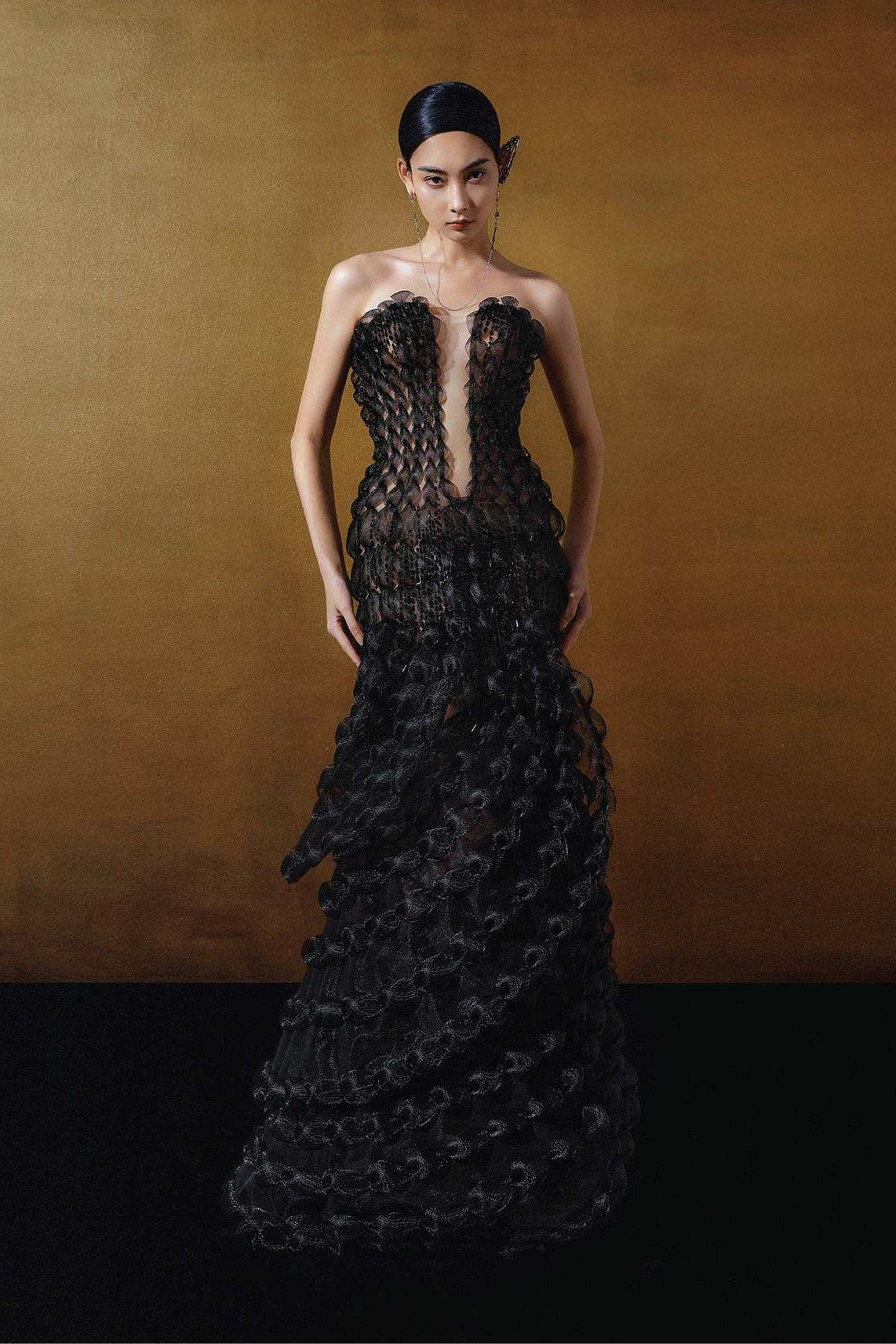 Strapless Tulle and Sequin Cutout Gown