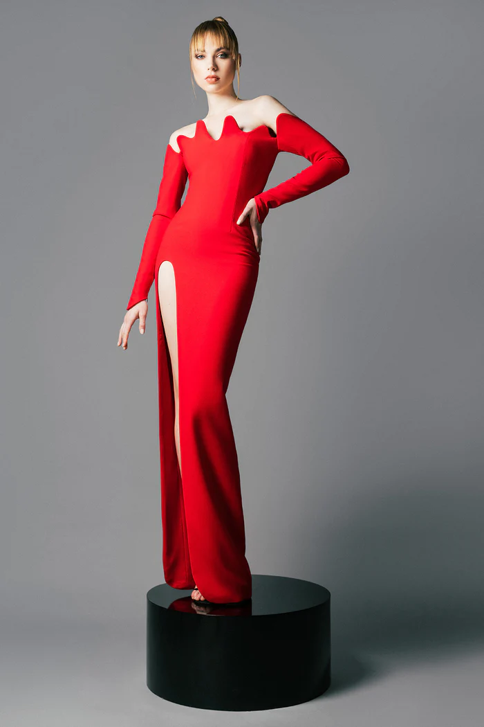 Crepe Gown with Structured Neckline