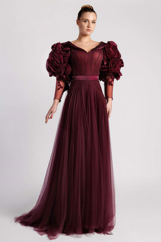 Long Sleeve Tulle Pleated Gown