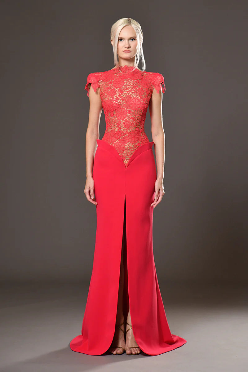 Cap Sleeve Lace Crepe Dress