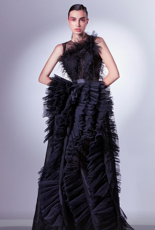 Ruffled Sleeveless -Evening  Gown