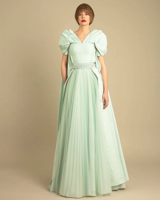 Puffed Shoulder Taffeta Gown with Belt