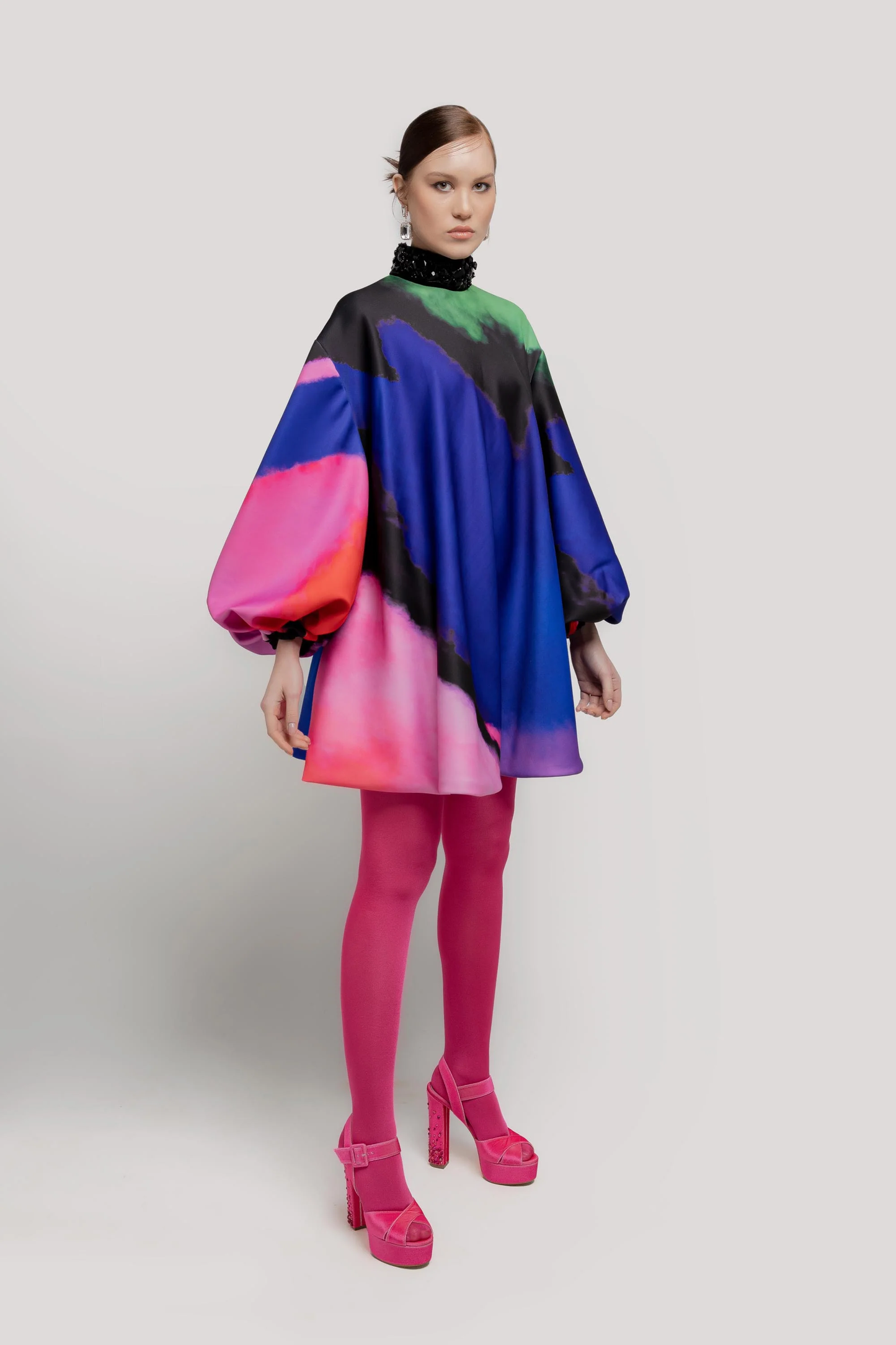 High Neck Balloon Sleeve Mini Dress