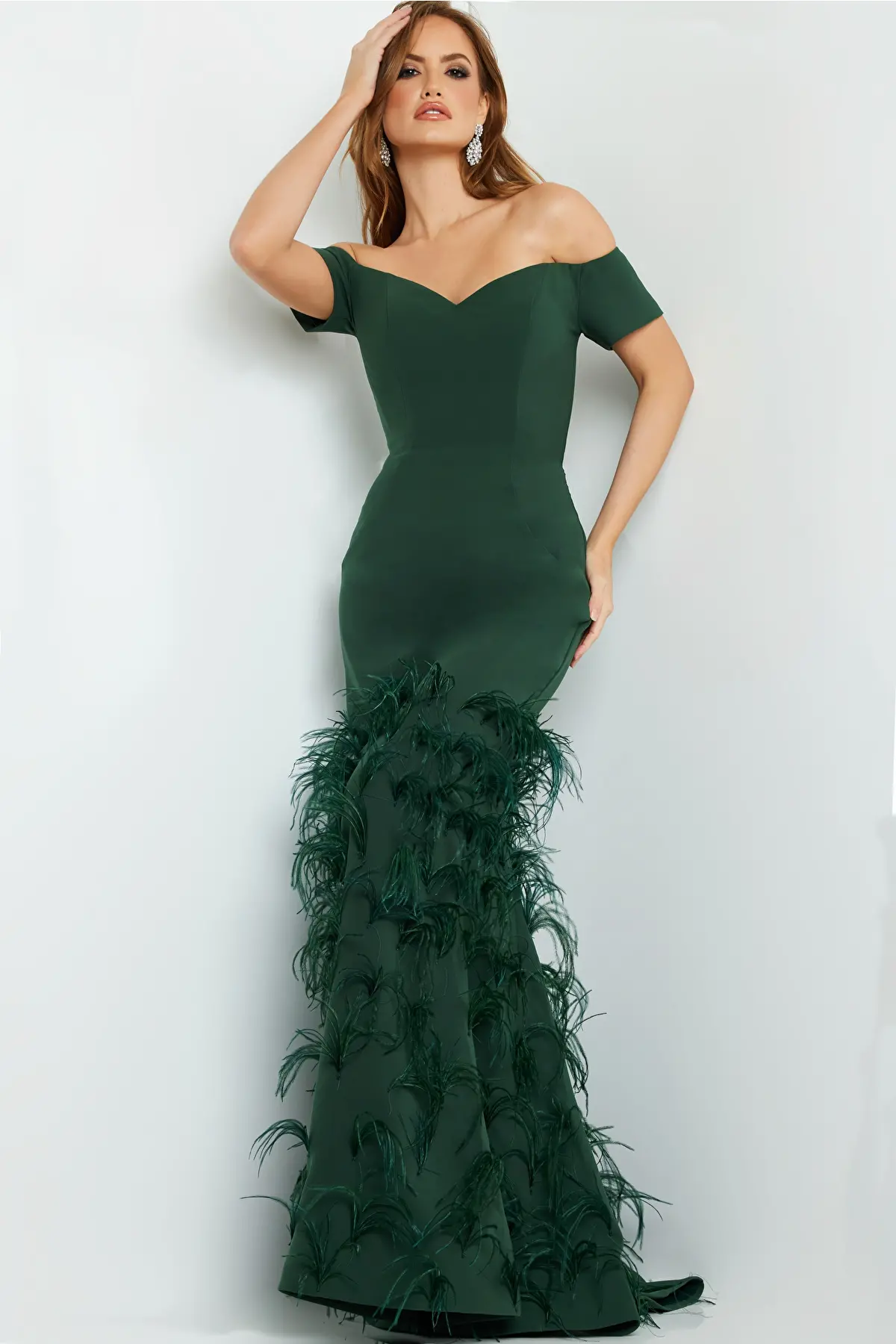Off-Shoulder Gown with Feathers