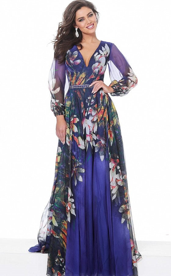 Plunging Neck Floral Gown