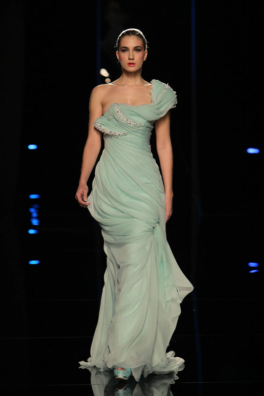 One Shoulder Ruffled Gown with Train