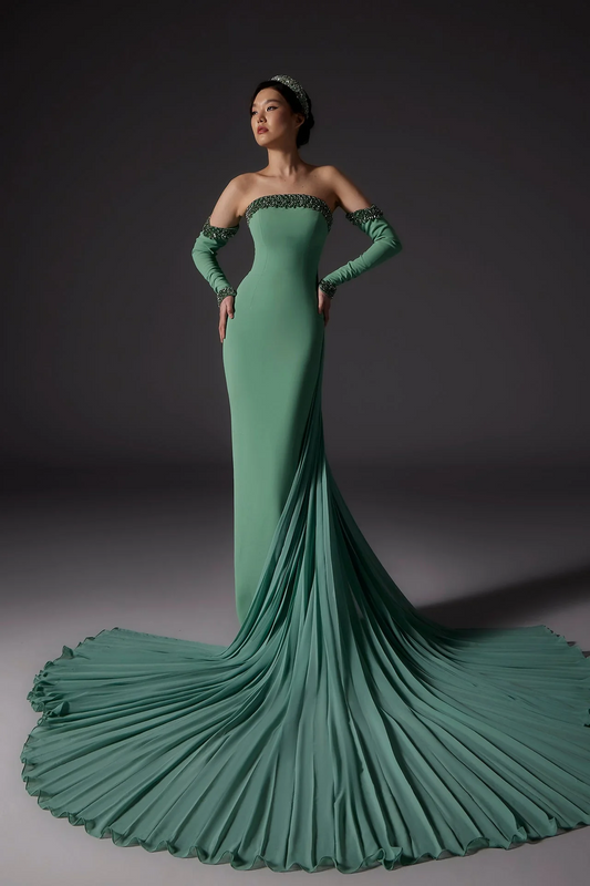 Off Sleeves Crepe Gown with Chiffon Pleats