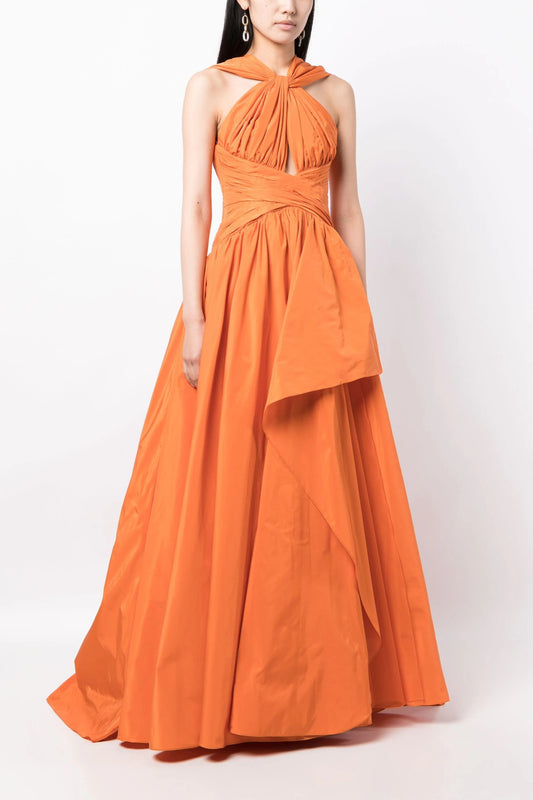 Halter Neckline Draped Taffeta Gown