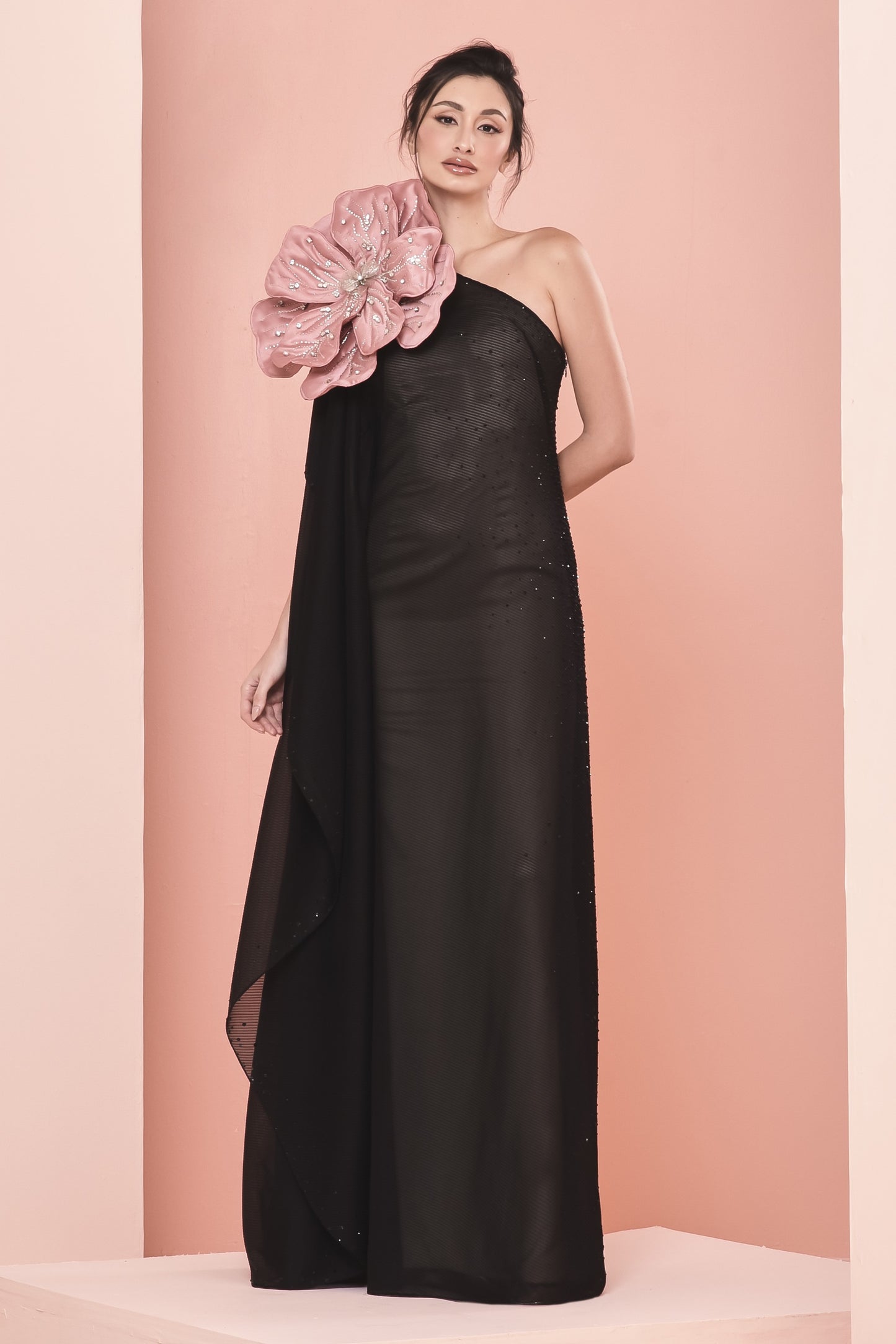 Pleated Tulle Gown with 3D Floral