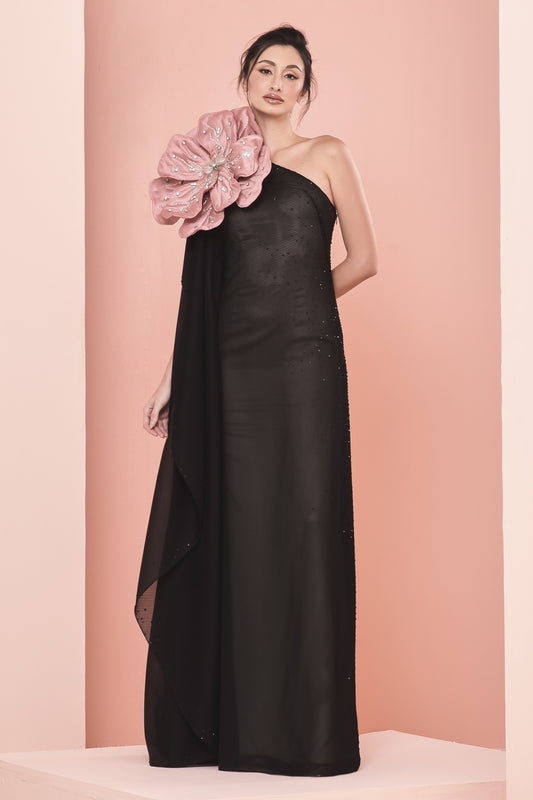 Pleated Tulle Gown with 3D Floral