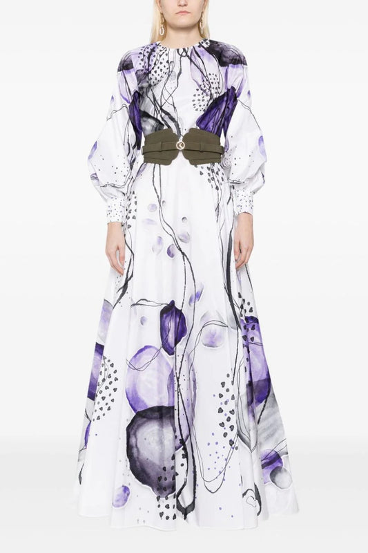 Taffeta Printed Gown Bell Sleeves