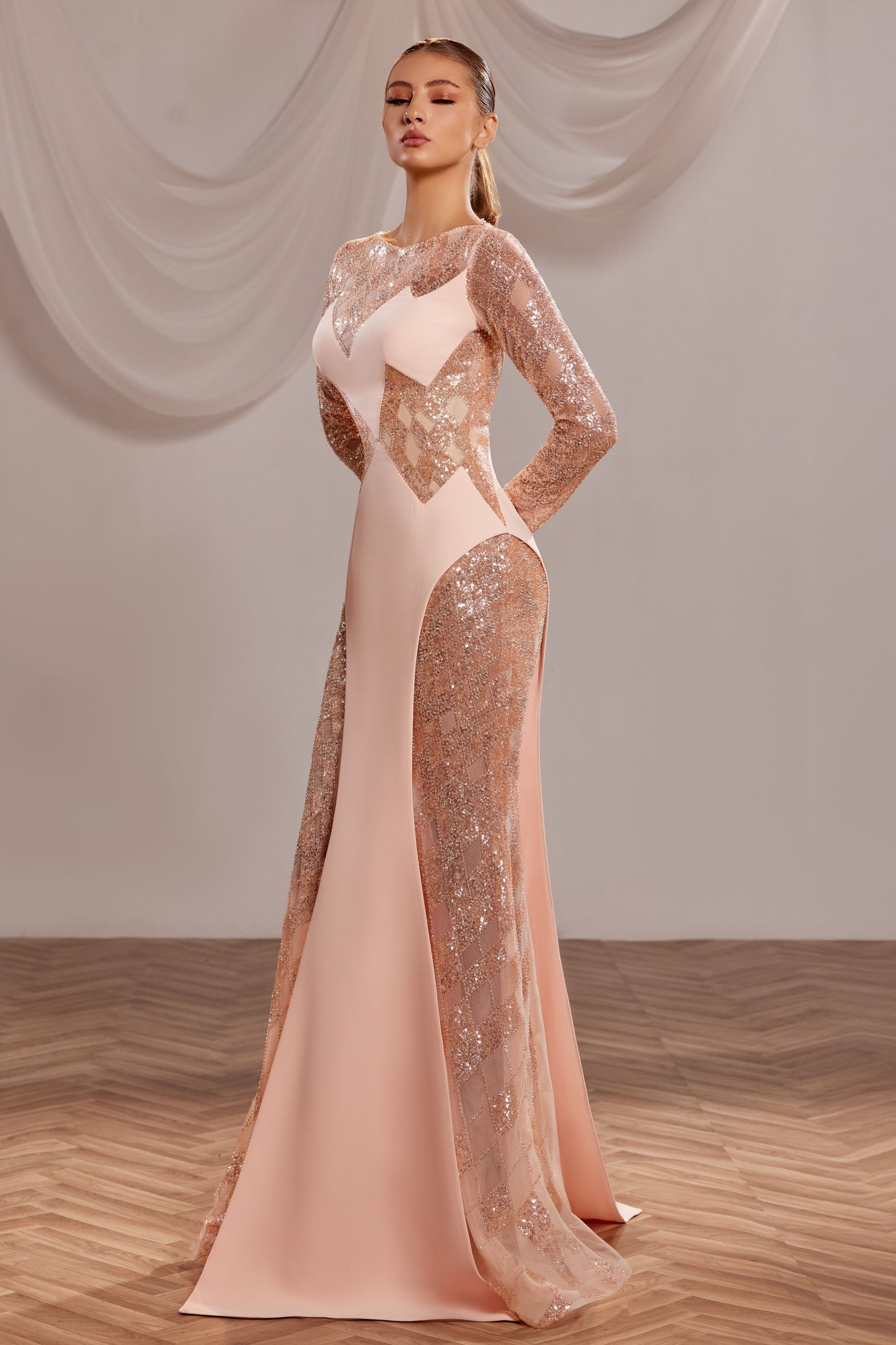 Long Sleeve Beaded Gown