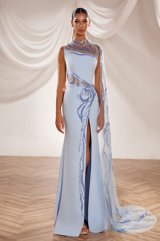 Embroidered Cape Gown