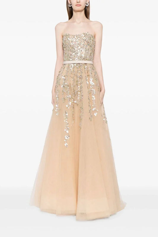 Tulle Strapless Gown with Dotted Beading