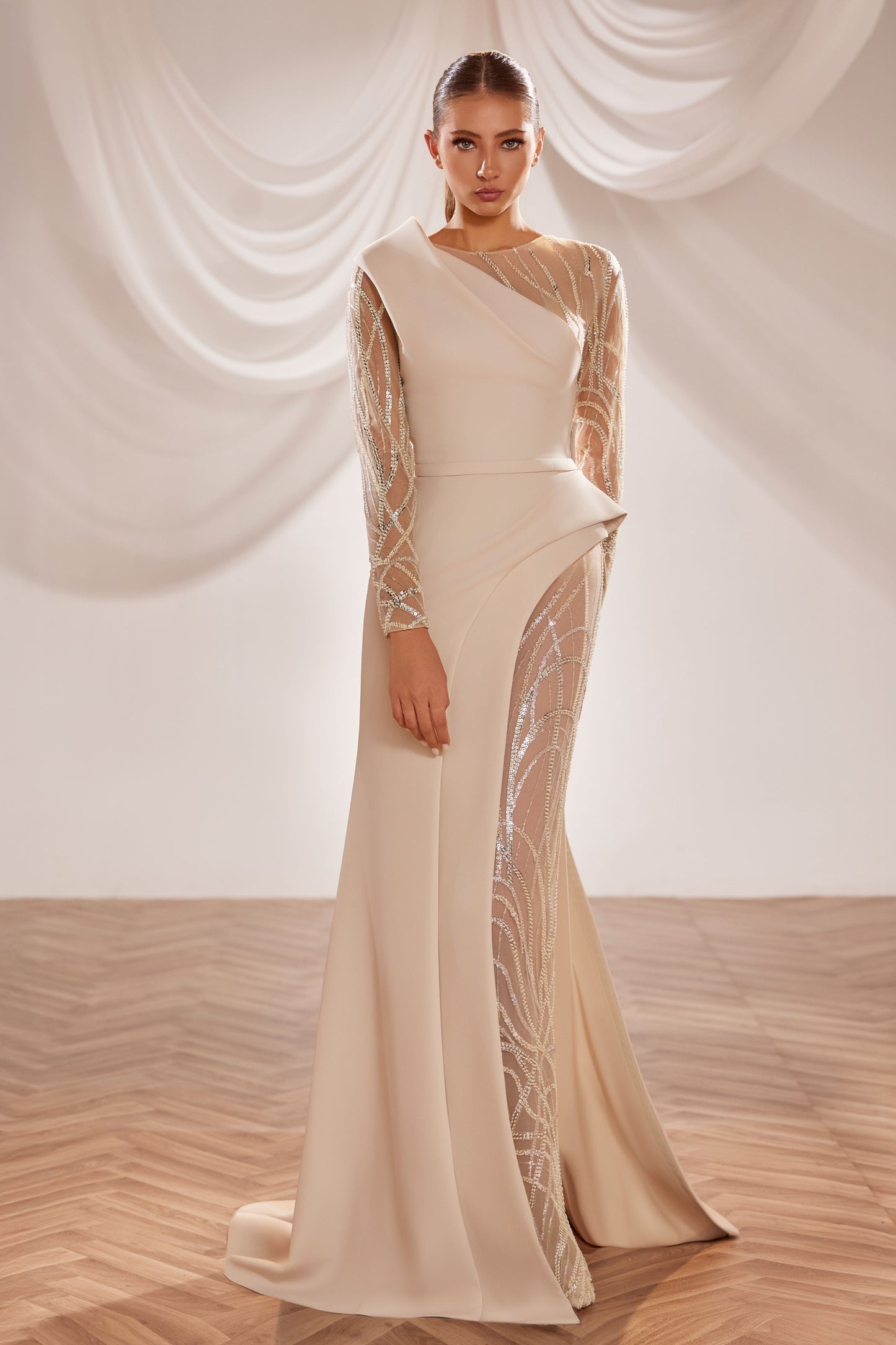 Beaded Long Sleeve Gown