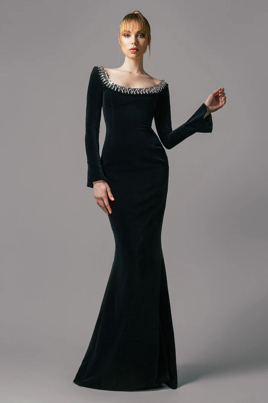 Crepe Gown with Crystal Neckline