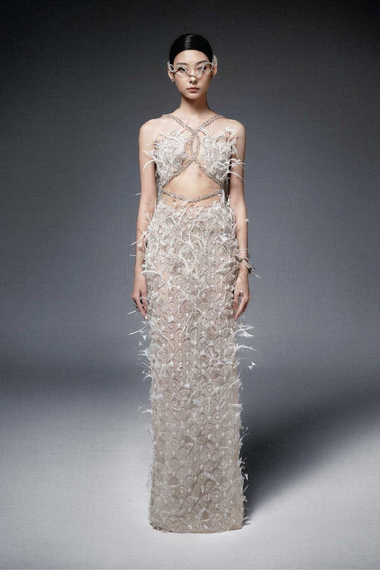 Sleeveless Column Gown with Ostrich Feathers