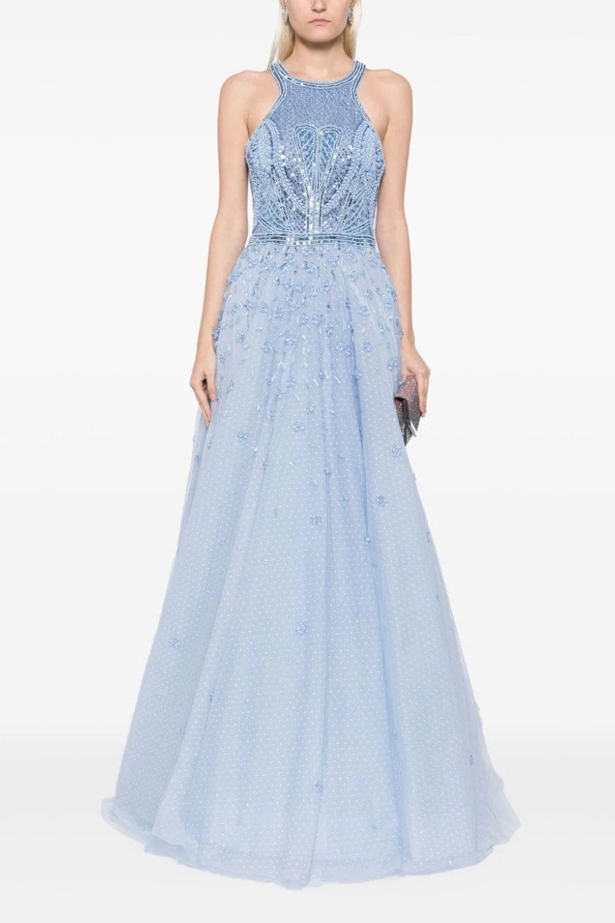 Tulle Beaded Gown with Halter Neckline
