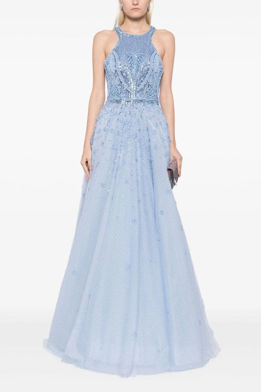 Tulle Beaded Gown with Halter Neckline