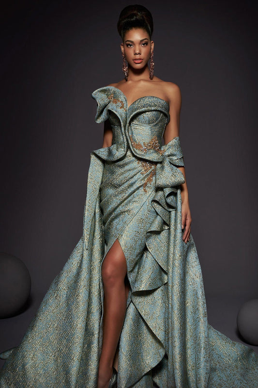 Strapless Sculpted Bodice Gown with Overskirt