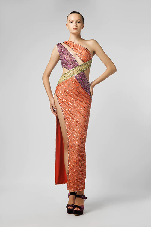 Embellished Thigh-High Slit Gown