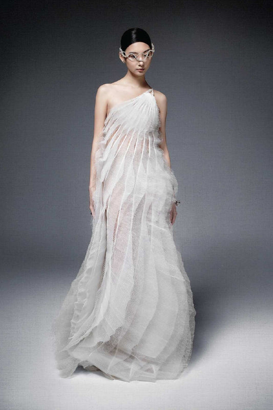One Shoulder Wavy Chiffon Gown